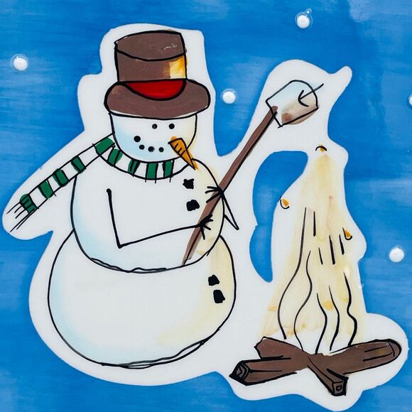 Snowman Roasting Marshamallow Snowy Decorative Tile Trivet Christmas Decor - Picture 2 of 5